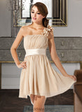 Rosalie A-Line/Princess One-Shoulder Short/Mini Chiffon Bridesmaid Dress With Ruffle Flower(s) Bow(s) BF2P0013040