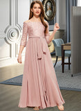 Kianna A-Line Off-the-Shoulder Floor-Length Chiffon Lace Junior Bridesmaid Dress With Bow(s) BF2P0013658