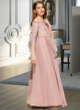 Kianna A-Line Off-the-Shoulder Floor-Length Chiffon Lace Junior Bridesmaid Dress With Bow(s) BF2P0013658