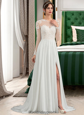 Kelsie A-Line Illusion Sweep Train Chiffon Wedding Dress With Appliques Lace Split Front BF2P0013793