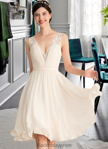 Krystal A-Line V-neck Knee-Length Chiffon Lace Wedding Dress With Ruffle BF2P0013794