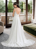 Lacey A-Line V-neck Sweep Train Chiffon Wedding Dress With Beading Sequins Split Front BF2P0013806