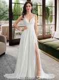 Lacey A-Line V-neck Sweep Train Chiffon Wedding Dress With Beading Sequins Split Front BF2P0013806