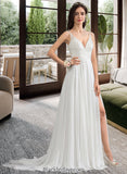 Lacey A-Line V-neck Sweep Train Chiffon Wedding Dress With Beading Sequins Split Front BF2P0013806