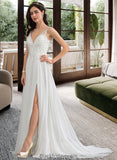 Lacey A-Line V-neck Sweep Train Chiffon Wedding Dress With Beading Sequins Split Front BF2P0013806