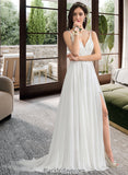 Lacey A-Line V-neck Sweep Train Chiffon Wedding Dress With Beading Sequins Split Front BF2P0013806