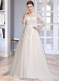 Kendal Ball-Gown/Princess V-neck Court Train Tulle Wedding Dress With Beading Appliques Lace Sequins Bow(s) BF2P0013809