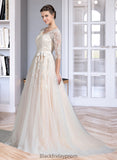 Kendal Ball-Gown/Princess V-neck Court Train Tulle Wedding Dress With Beading Appliques Lace Sequins Bow(s) BF2P0013809