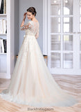 Kendal Ball-Gown/Princess V-neck Court Train Tulle Wedding Dress With Beading Appliques Lace Sequins Bow(s) BF2P0013809