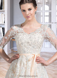 Kendal Ball-Gown/Princess V-neck Court Train Tulle Wedding Dress With Beading Appliques Lace Sequins Bow(s) BF2P0013809