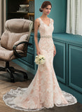 Eliana Trumpet/Mermaid V-neck Chapel Train Tulle Lace Wedding Dress With Beading BF2P0013810