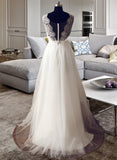 Lily A-Line V-neck Sweep Train Tulle Wedding Dress BF2P0013812