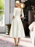 Laurel A-Line V-neck Tea-Length Satin Wedding Dress BF2P0013817