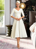 Laurel A-Line V-neck Tea-Length Satin Wedding Dress BF2P0013817