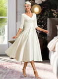 Laurel A-Line V-neck Tea-Length Satin Wedding Dress BF2P0013817