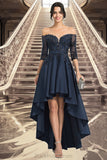 Camila A-line Off the Shoulder Asymmetrical Lace Satin Homecoming Dress With Sequins BF2P0020580