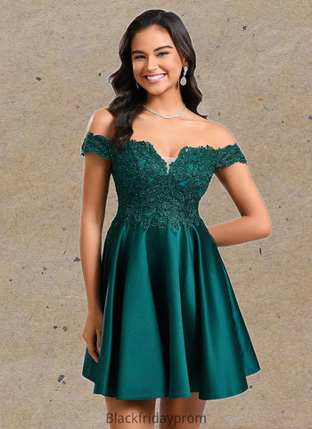 Heather A-line Off the Shoulder Short Lace Satin Homecoming Dress With Rhinestone BF2P0025718