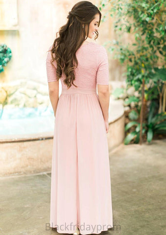 Scoop Neck Short Sleeve Ankle-Length A-line/Princess Chiffon Bridesmaid Dresses With Lace Pleated Reese BF2P0025580