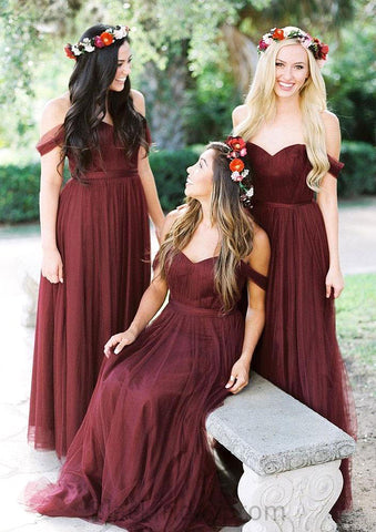 Sleeveless Off-the-Shoulder Long/Floor-Length Tulle A-line/Princess Bridesmaid Dresseses With Pleated Myla BF2P0025591