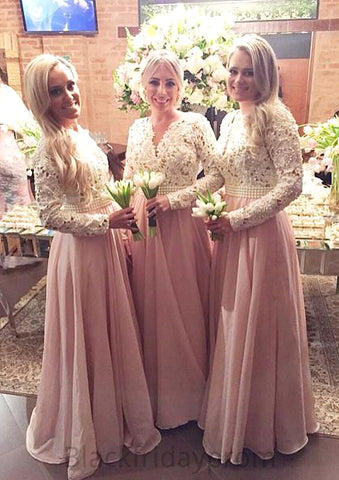 Full/Long Sleeve Scalloped Neck A-line/Princess Chiffon Long/Floor-Length Bridesmaid Dresseses With Beading Lace Mckenna BF2P0025602