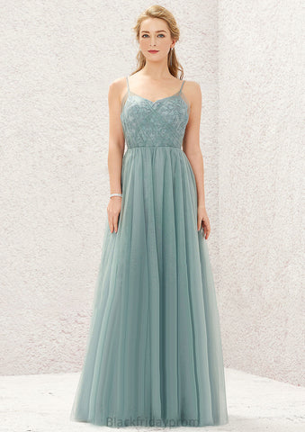 Princess A-line V Neck Sleeveless Tulle Long/Floor-Length Bridesmaid Dresses With Pleated Appliqued Lia BF2P0025633