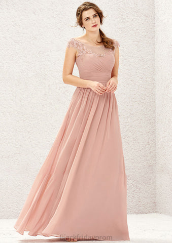 A-line Illusion Neck Sleeveless Chiffon Long/Floor-Length Bridesmaid Dresses With Appliqued Pleated Saige BF2P0025636