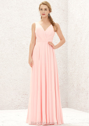 A-line V Neck Sleeveless Chiffon Long/Floor-Length Bridesmaid Dresses With Pleated Lesly BF2P0025637