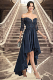 Camila A-line Off the Shoulder Asymmetrical Lace Satin Homecoming Dress With Sequins BF2P0020580