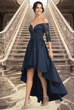 Camila A-line Off the Shoulder Asymmetrical Lace Satin Homecoming Dress With Sequins BF2P0020580