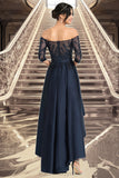 Camila A-line Off the Shoulder Asymmetrical Lace Satin Homecoming Dress With Sequins BF2P0020580