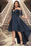 Camila A-line Off the Shoulder Asymmetrical Lace Satin Homecoming Dress With Sequins BF2P0020580