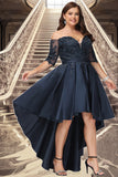 Camila A-line Off the Shoulder Asymmetrical Lace Satin Homecoming Dress With Sequins BF2P0020580