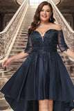 Camila A-line Off the Shoulder Asymmetrical Lace Satin Homecoming Dress With Sequins BF2P0020580