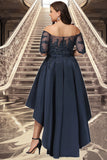 Camila A-line Off the Shoulder Asymmetrical Lace Satin Homecoming Dress With Sequins BF2P0020580