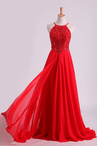 2024 Red Spaghetti Straps Beaded Bodice A-Line Chiffon Prom Dresses