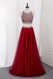 2024 Two Pieces Bateau Prom Dress Beaded Bodice A Line Tulle Floor Length