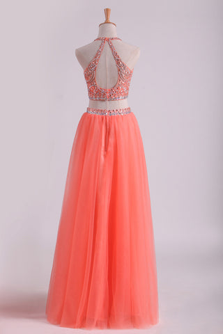 2024 Two-Piece Halter A Line Prom Dresses Beaded Bodice Tulle Floor Length
