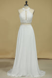 2024 Chiffon Prom Dresses A Line Halter Two-Piece Beaded Bodice Open Back