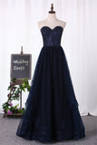 2024 A Line Sweetheart Beaded Bodice Tulle Floor Length Prom Dresses