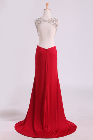2024 Prom Dresses Scoop Beaded Bodice Spandex With Beading Backless