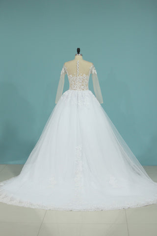 2024 New A Line Scoop Long Sleeves Wedding Dress Tulle With Applique