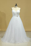 2024 Wedding Dresses A-Line Spaghetti Straps Court Train Organza With Removable Sash Zipper Back Plus Size