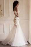 2024 Mermaid Scoop Wedding Dresses Tulle With Applique Sweep Train Detachable